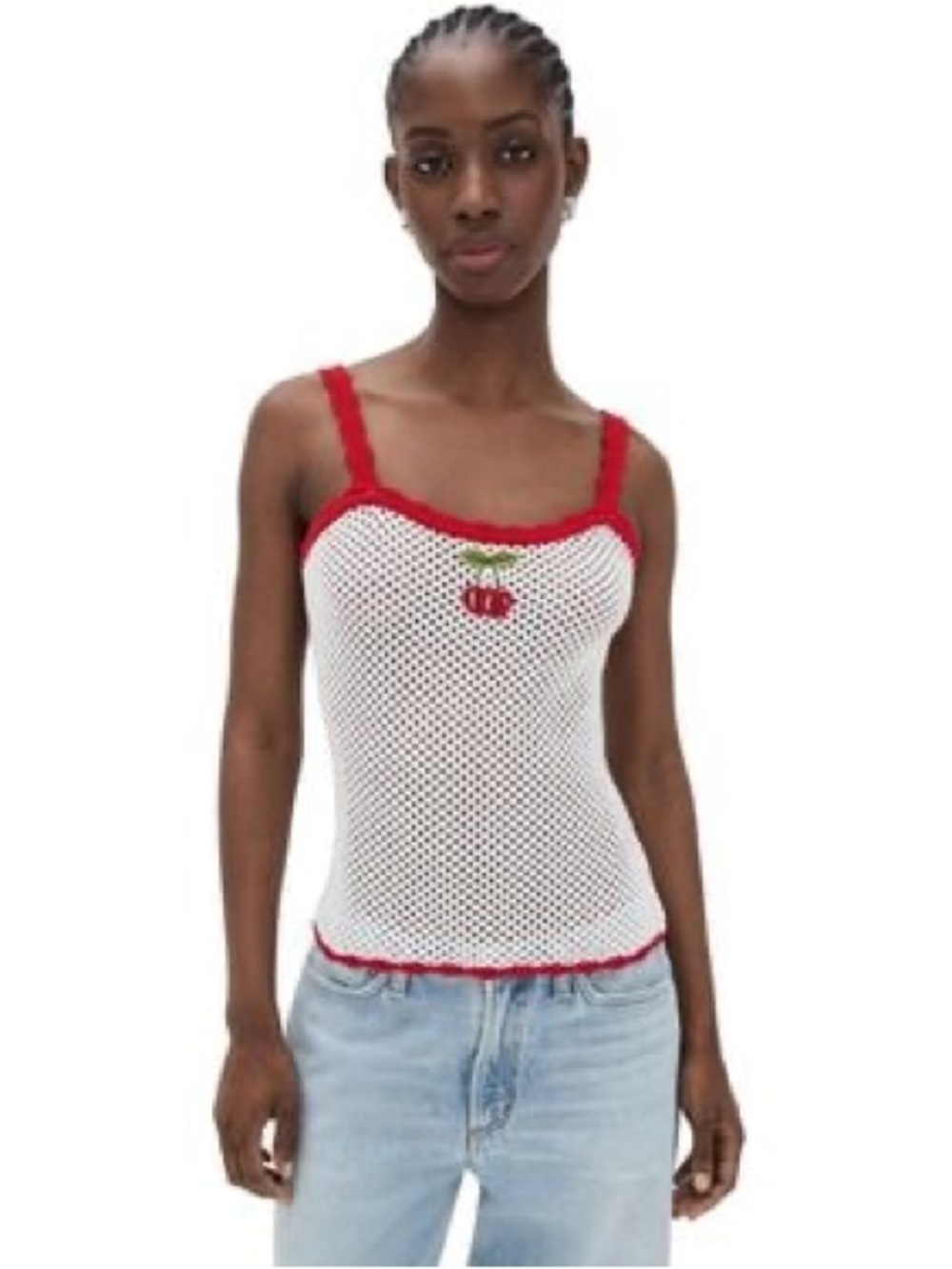 WAYF • NWT $79 USD Red-Trim Mesh Cherry Tank Top s- PTP16”-20” XL PTP18-24”